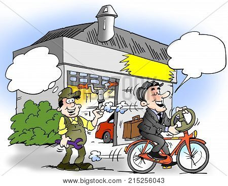 Cartoon illustration of a a businessman who has mounted a steering wheel on his bike