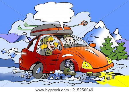 Cartoon illustration of a Family on ski trip with brand new skates mounted instead of wheels