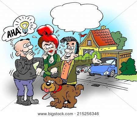 Cartoon illustration of a family who are out and walk the dog the neighbor will have a good idea