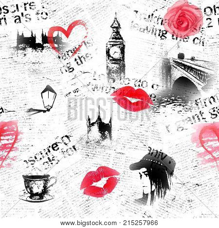 Black white red pink London grunge background. Texture with hand drawn elements unreadable text tea cup heart rose lipstick kiss and fashion girl.