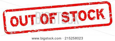 Grunge red out of stock square rubber seal stamp on white background