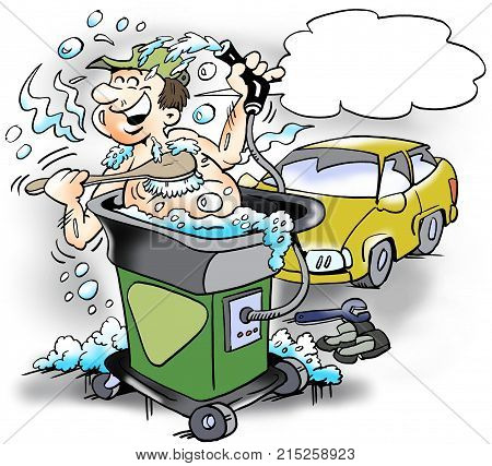 Cartoon illustration of a happy mechanic who takes a bath in a clean water machine at the workshop