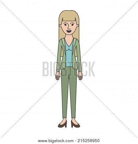 woman full body with blouse and jacket and pants and heel shoes with straight long hair in colorful silhouette vector illustration