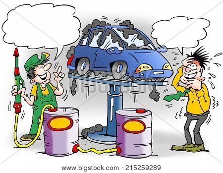 Cartoon illustration of a proud mechanic who has given a new car too much rust protection