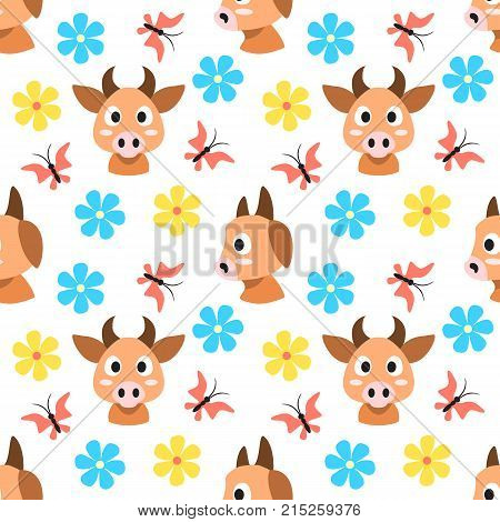 Cows and flowers and butterflies seamless pattern at white background.
