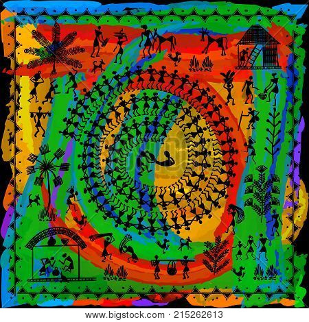 Warli painting - hand drawn traditional the ancient tribal art India. In the style of Indian kitsch matched by a rudimentary technique depicting rural life of the inhabitants of India