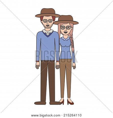 couple colorful silhouette and both with hat and glasses and pants and him with stubble beard and sweater and shoes and her with blouse long sleeve and heel shoes and braid and fringe hair vector illustration
