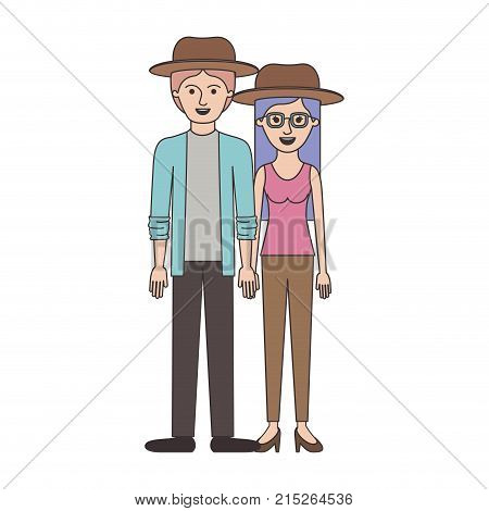 couple colorful silhouette and both with hat and pants and him with shirt and jacket and pants and shoes and her with blouse and heel shoes with long straight hair vector illustration