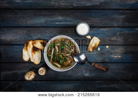 Fresh mushroom soup with green onion sour cream and bread crisps. In white bowl dishe. Colored wooden background, spoon. Top view.