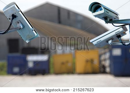 Closeup On Security Cctv Camera Or Surveillance System For Industrial Site Protection