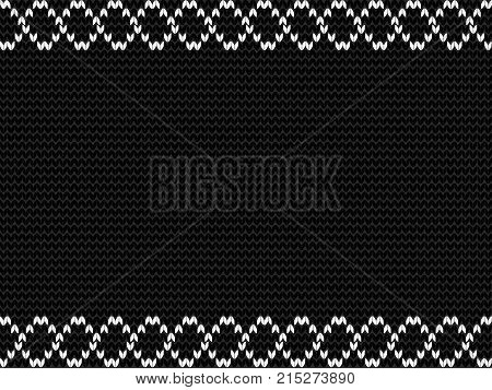 Charcoal Black Knitted Background With Weavy White Pattern.