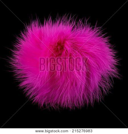 Pink fur pom pom on black background