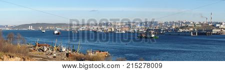 Murmansk, Russia - October 10, 2010: View of the city of Murmansk from the Kola Bay