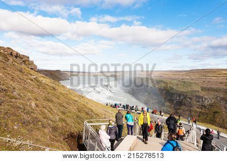 Tourists Walk To Viewpoint Over Gullfoss Waterfall