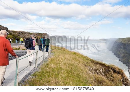 People At Observation Deck Near Gullfoss Waterfall