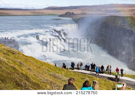 People At Viewpoint Near Gullfoss Waterfall