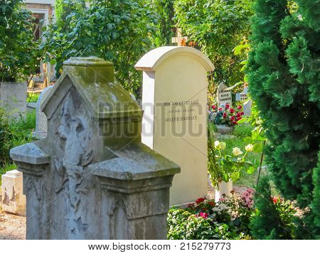 VENICE, ITALY - SEPTEMBER 6, 2013: Gravestone on grave of the Joseph Brodsky - Russian and American poet. San Michele Island, Venice