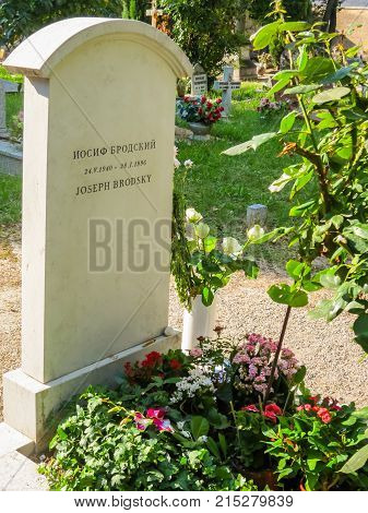 VENICE, ITALY - SEPTEMBER 6, 2013: Gravestone on grave of the Joseph Brodsky - Russian and American poet. San Michele Island, Venice