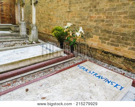 VENICE, ITALY - SEPTEMBER 6, 2013: Gravestone on grave of the Igor Stravinsky, Russian composer, pianist and conductor. San Michele Island, Venice