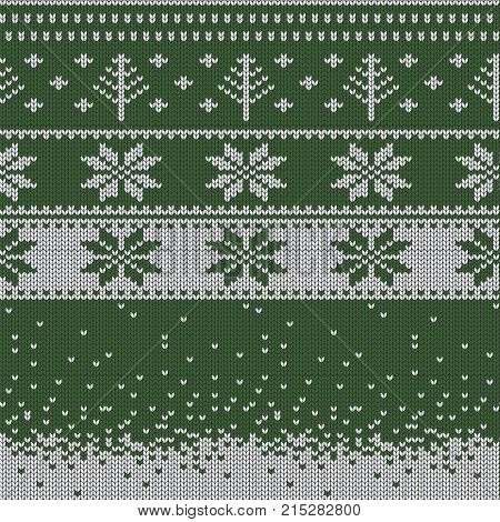 Knitted Christmas sweater pattern with deers, fir-trees, snowflakes. Winter fabric background. Stock vector