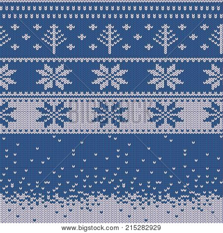 Knitted Christmas sweater pattern with deers, fir-trees, snowflakes. Winter fabric background. Stock vector