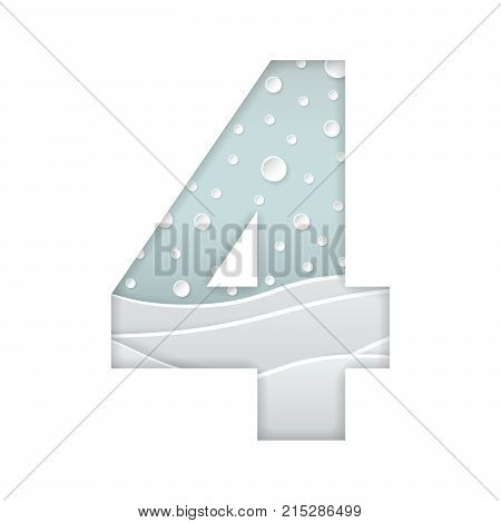 color vector illustration of paper art cut number four with winter landscape with multi layers and shadows effect isolated on white background