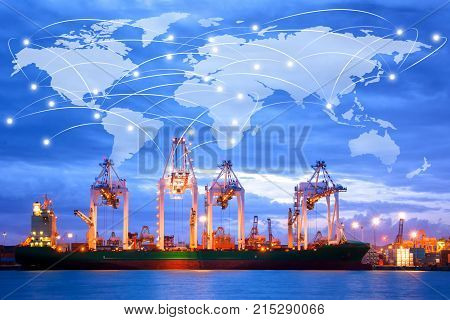 Map global logistics partnership connection of Container Cargo freight ship for Logistics Import Export background at sunrise