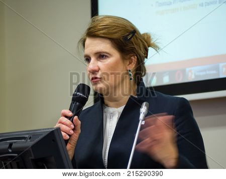MOSCOW RUSSIA - NOV 22 2017: Co-founder of Kaspersky Lab and InfoWatch CEO Natalya Kaspersky makes speech at forum on investment potential of Russian IT market in Moscow Russia on Nov 22 2017.