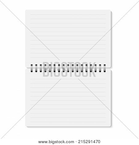 Vector white realistic opened spiral bound notebook. Horizontal blank copybook with metallic silver spiral. Template (mock up) of organizer or diary isolated. Horizontal lined notepad. A5