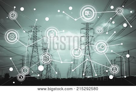 Industry concept image. industrial instruments in the factory with cyber and physical system icons ,Internet of things network,smart factory solution