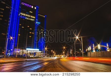Night lights on the street wint houses and cars, Gothenbur, Sweden