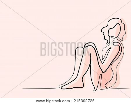 Continuous line different wide drawing. Woman sitting by the wall. Vector color illustration