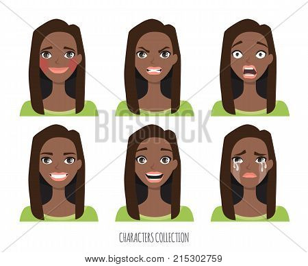 Black african american Woman in a casual cloth. Set of emotions and gestures to the young woman. Girl in a different mood. Womens emotions, woman in everyday life.