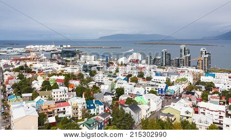 Aerial View Of Reykjavik City With Harbor