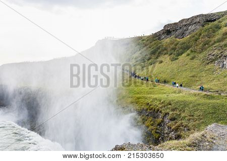 Water Spray From Gullfoss Waterfall In Canyon
