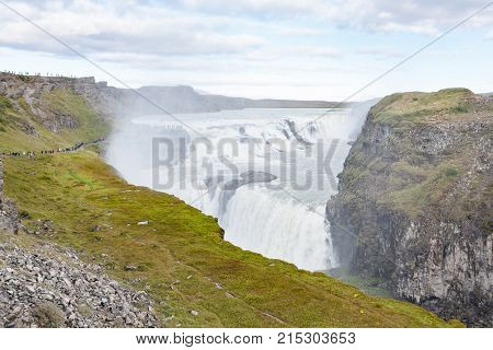 Panorama Of Gullfoss Waterfall In Canyon