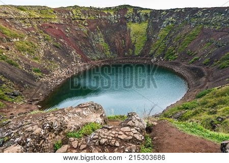 Above View Of Kerid Lake In Volcanic Crater