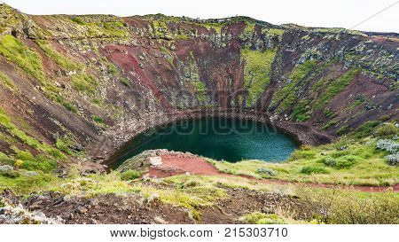 Kerid Lake In Volcanic Crater In September Evening