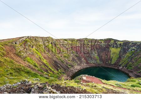 View Of Kerid Lake In Volcanic Crater In Autumn