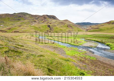 Green Valley With Varma River In Hveragerdi