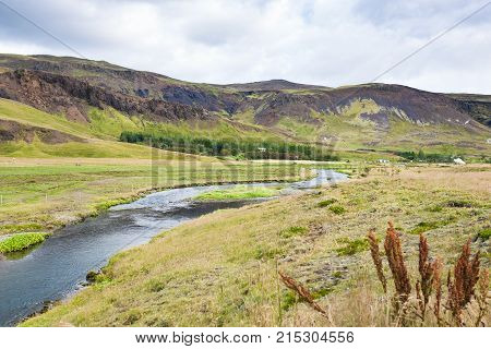 Riverbanks Of Varma River In Hveragerdi In Iceland