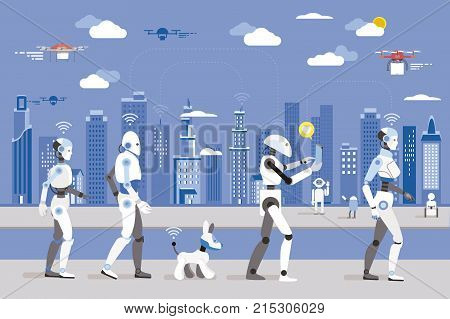 Robots Walking in a Futuristic City. Futuristic image of a near future.