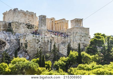 athens panoramic view of the entrance to the ancient acropolis