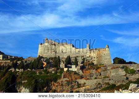 View of Portovenere Castle on the rocky coast