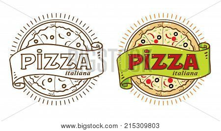 Pizza logo with cartoosh and vintage fonts, colored and monochrome version