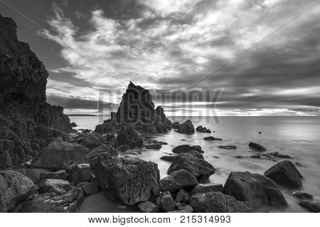 Stunning Black And White  Sunrise Landscape Image Of Barafundle Bay On Pembrokeshire Coast In Wales