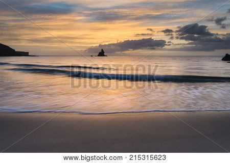 Beautiful Sunrise Landsdcape Of Idyllic Broadhaven Bay Beach On Pembrokeshire Coast In Wales