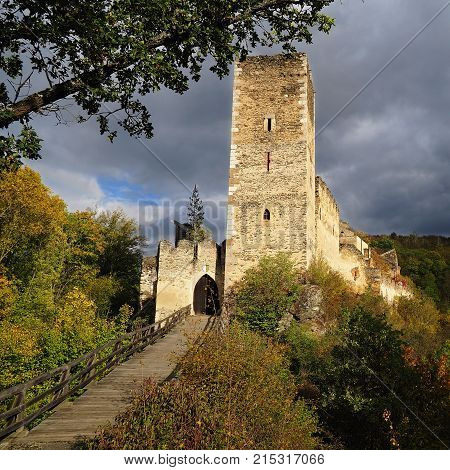 Beautiful Burgruine Kaja in colorful autumn nature gold leaf Austria