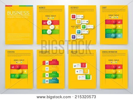 Set with infographics. Data and information visualization. Template. Stock vector. Dynamic infographics stylish geometric. element for design business invitations, gift cards, flyers and brochures