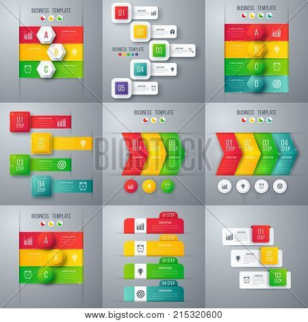 Set with infographics. Data and information visualization. Template. Stock vector. Dynamic infographics stylish geometric. element for design business invitations, gift cards, flyers and brochures